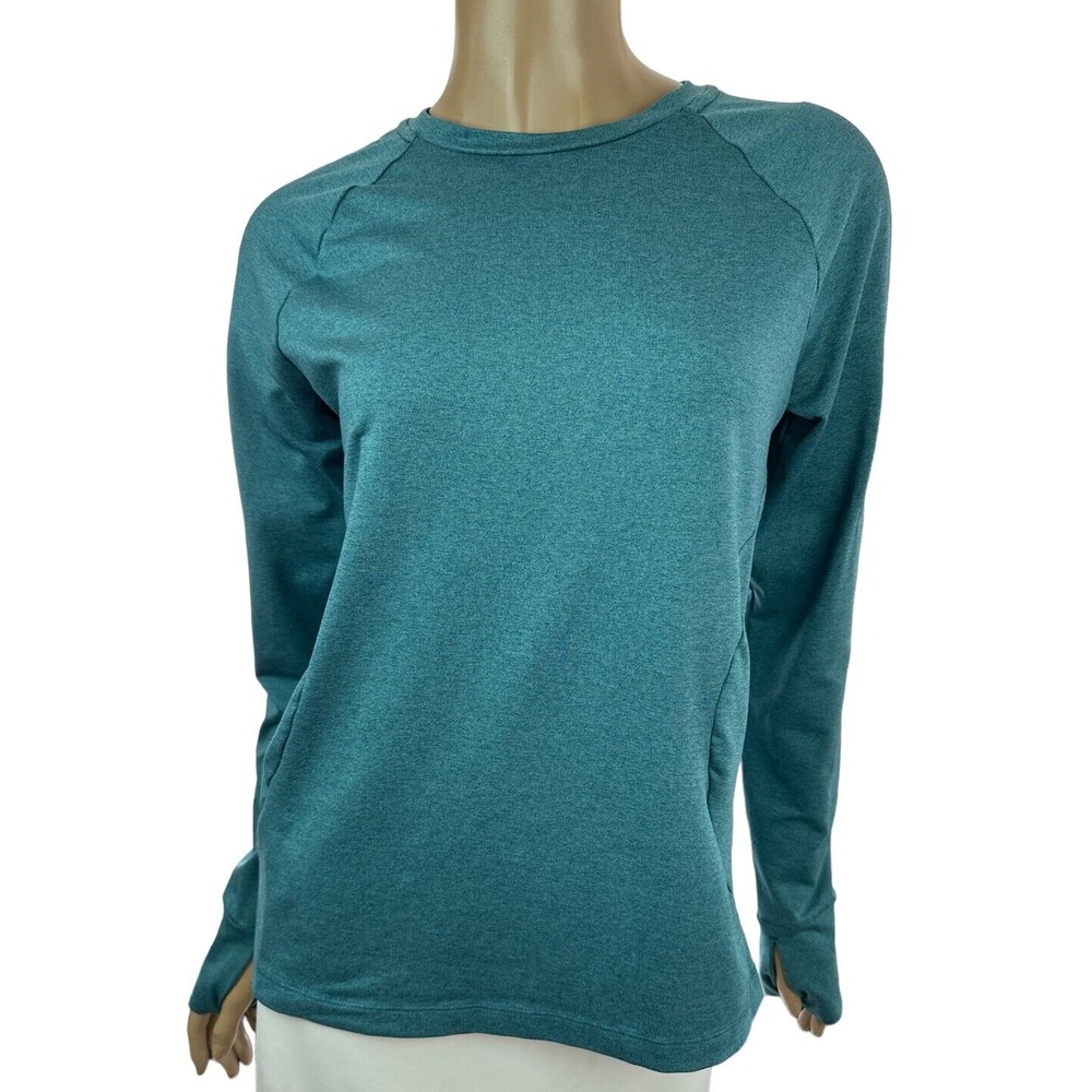 Athletic Sz M Woman Crew Neck Green Pullover Top Long Sleeve Polyester & Spandex